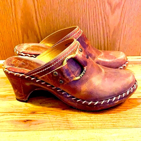 Frye Charlotte leather 8 wedge O ring stitched distressed brown mule clogs VGUC - Picture 2 of 13